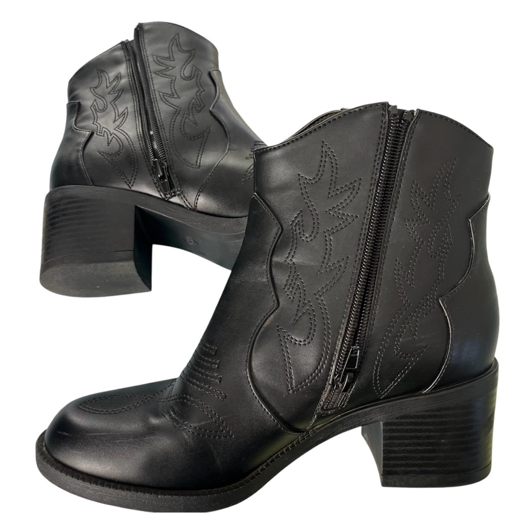 PIZZ ANNU Women's Embroidered Black Cowboy Boots Cowgirl Ankle Chunky Heels